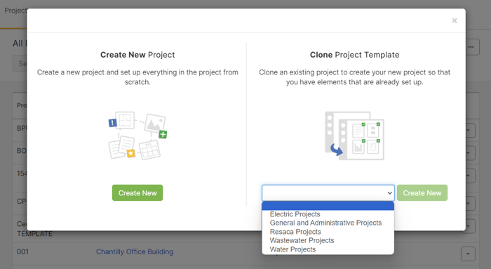 Screenshot of creating a new project in ProjectTeam.com using a "Project Template"