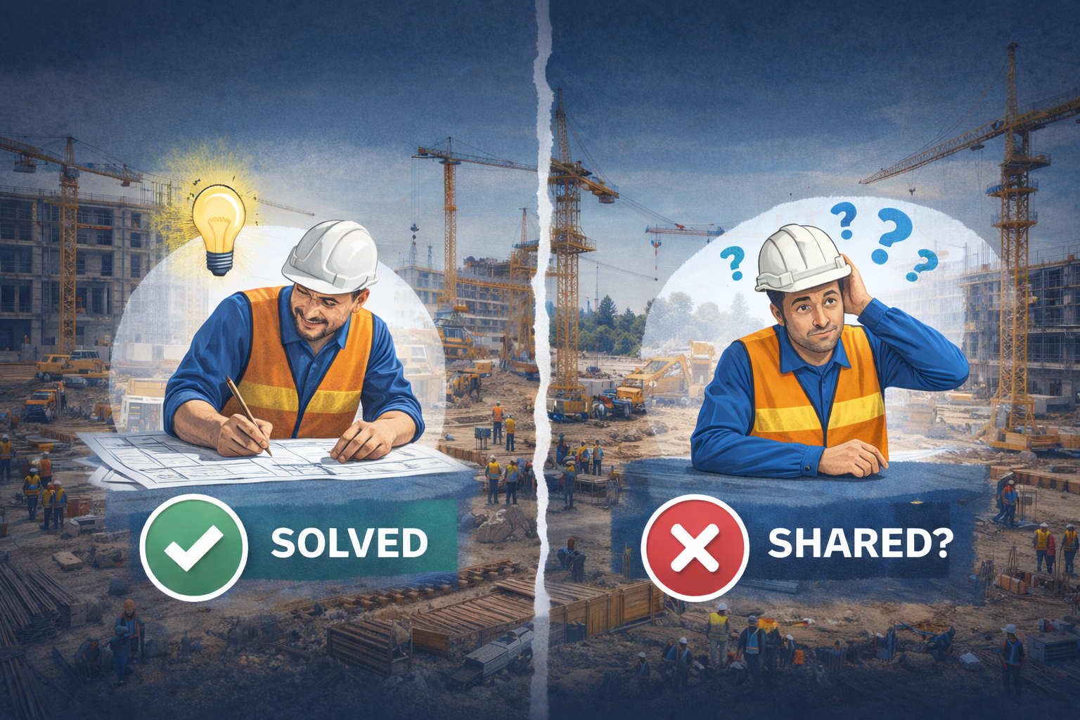 Split illustration of a construction site showing one worker reviewing plans with confidence and another worker uncertain, highlighting how solutions are found but not always shared.