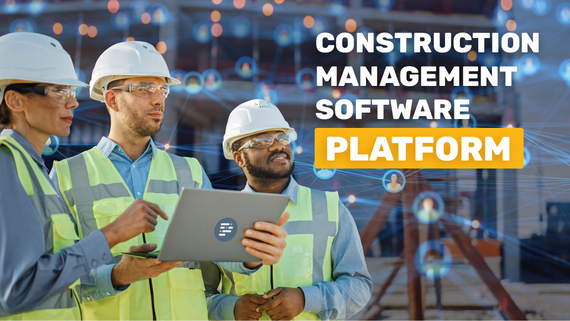 Contractors gathered around a laptop on a construction site using a construction management software platform.