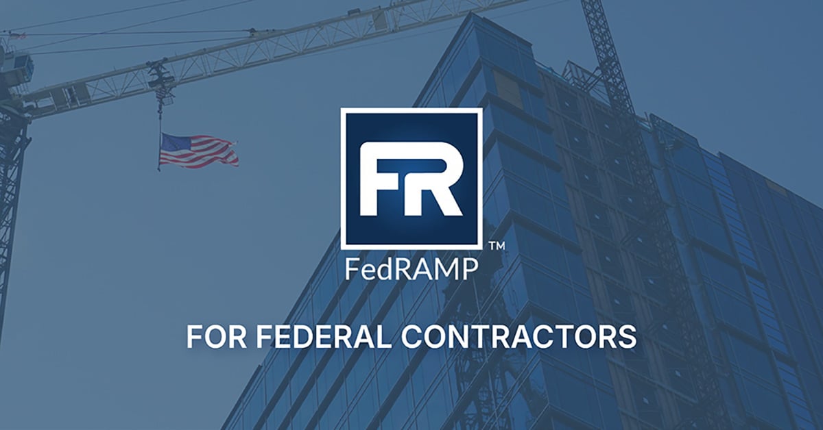 Crane and building with American flag over a blue sky background for blog titled What FedRAMP Authorization Really Means for Federal Construction Contractors